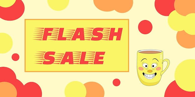 Vector flash-verkoop cartoon stijl banner. heldere banner met een schattig kopje koffie.