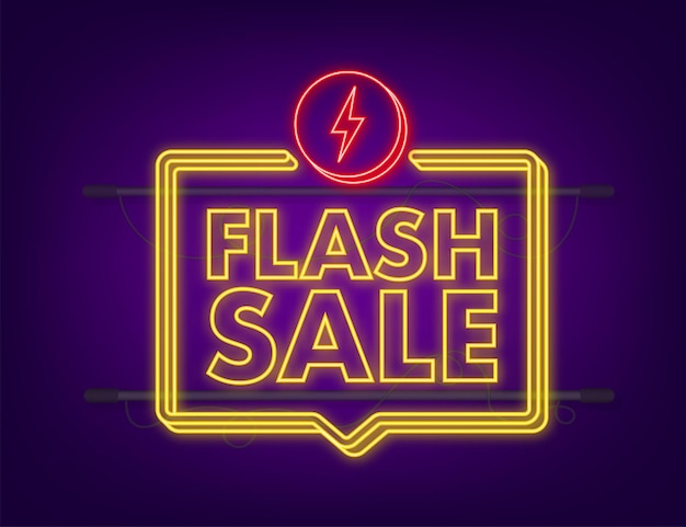 Flash-verkoop. flash neon banner, scroll, prijskaartje, sticker, badge poster vector illustratie.