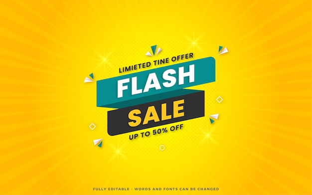 Flash verkoop korting banner ontwerpsjabloon met 3d bewerkbaar teksteffect