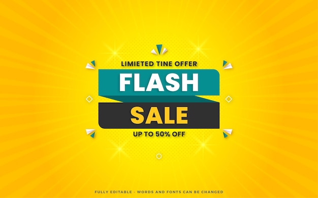 Flash verkoop korting banner ontwerpsjabloon met 3d bewerkbaar teksteffect