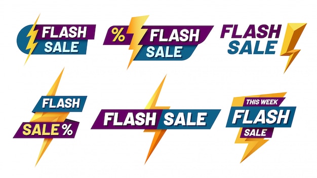 Flash-verkoopbadges. bliksemschichtaanbieding, flitsen verkoopbadge en trendy winkelaanbiedingen illustratie set