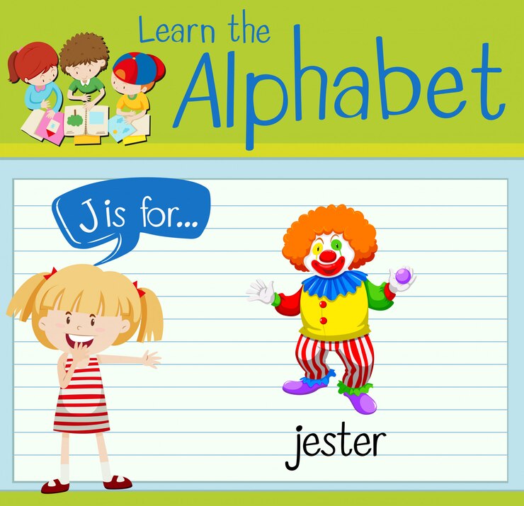 Vector flashcard alphabet j is for jester