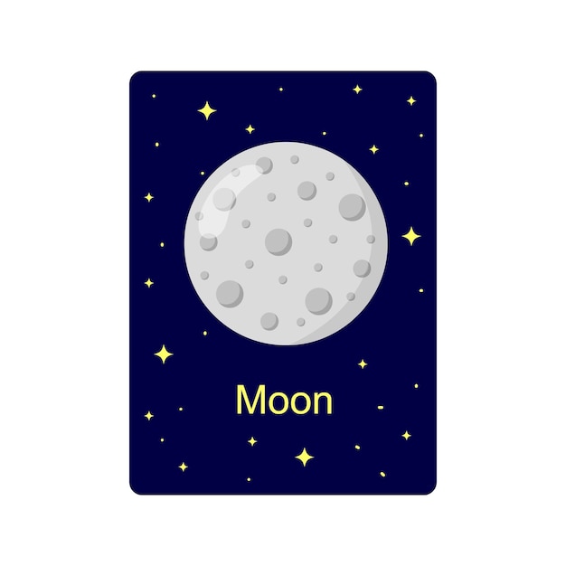 Flashcard per bambini con satellite moon earth su sfondo stellato scuro materiale didattico spaziale