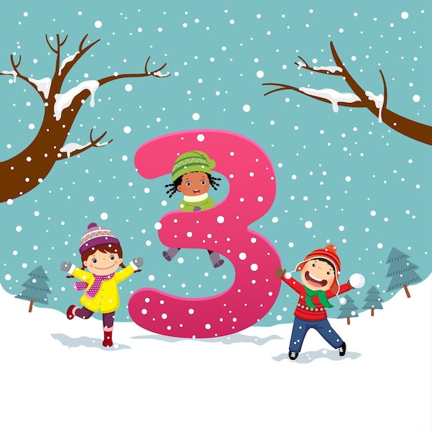 Flashcard for kindergarten and preschool learning to counting number 3 with a number of kids.