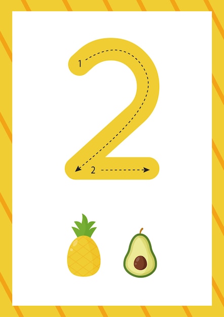 Flashcard per imparare i numeri con i frutti di vettore dei cartoni animati. come scrivere il numero due. Vettore Premium