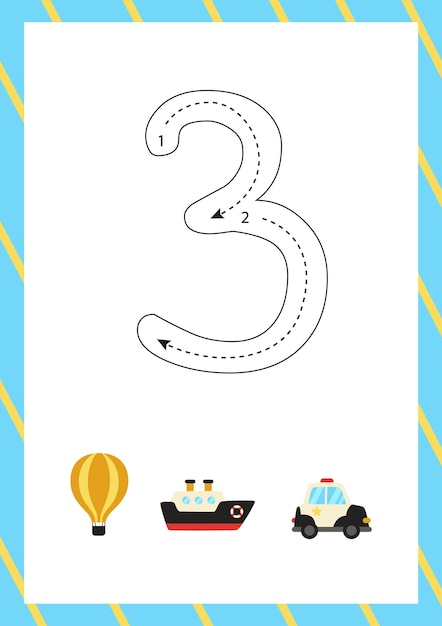 Flashcard for learning numbers with transportation means. how to write number three.