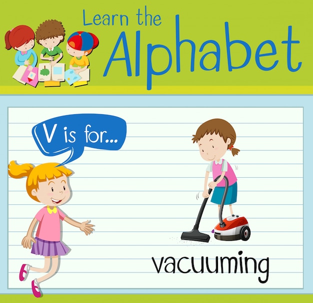 Flashcard letter V is for vacuuming