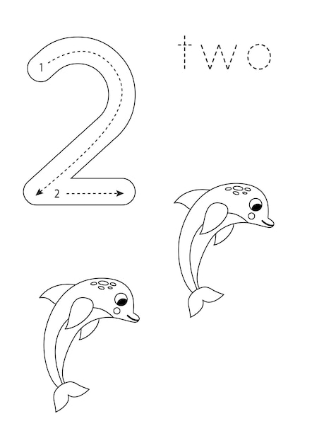 Flashcard number 2 Preschool worksheet Black and white dolphins