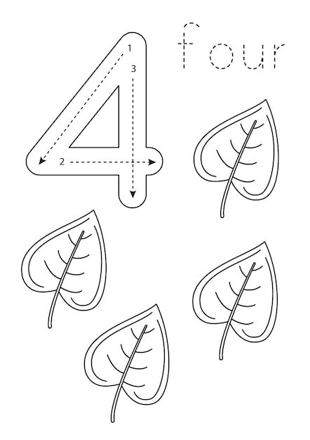 Flashcard 번호 4 유치원 워크시트 흑백 단풍잎