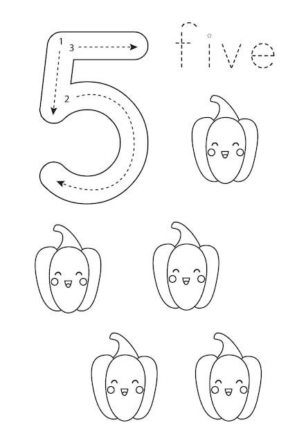 Flashcard number 5 preschool worksheet black and white peppers