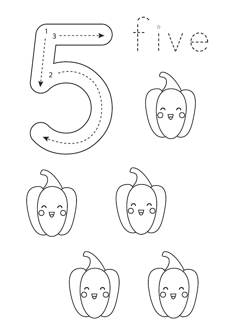 Vector flashcard number 5 preschool worksheet black and white peppers