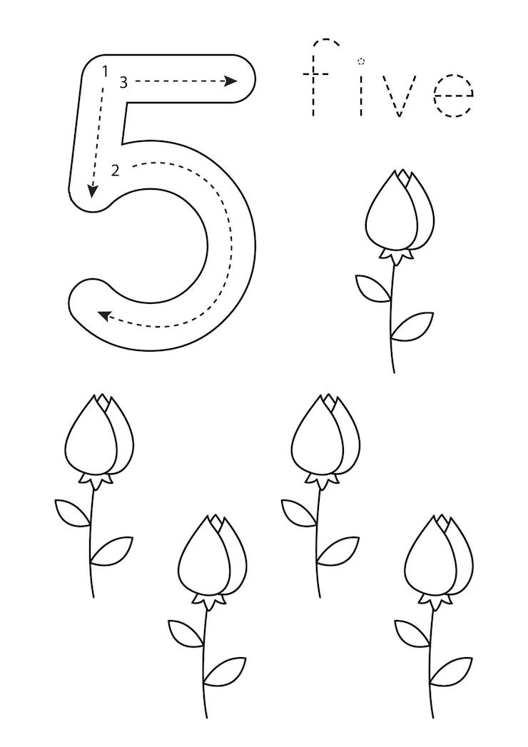 Vector flashcard number 5 preschool worksheet valentine day worksheet