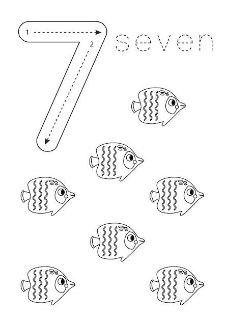 Вектор Флешкарта № 7 рабочий лист для дошкольников черно-белая рыба-бабочка