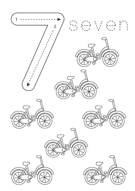 Flashcard number 7 preschool worksheet black and white transport