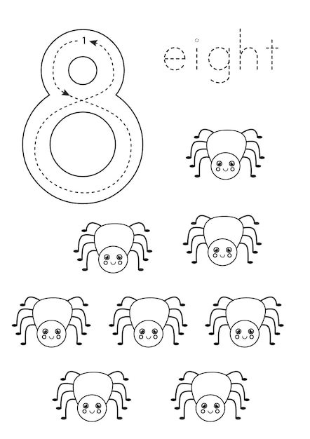 Flashcard number 8 preschool worksheet black and white spiders