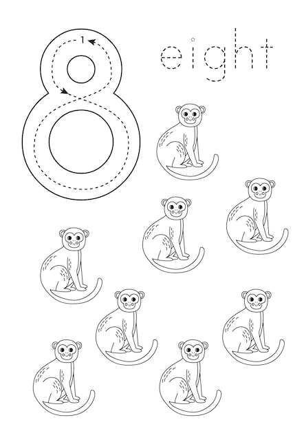 Flashcard number 8 Preschool worksheet Cute cartoon monkeys