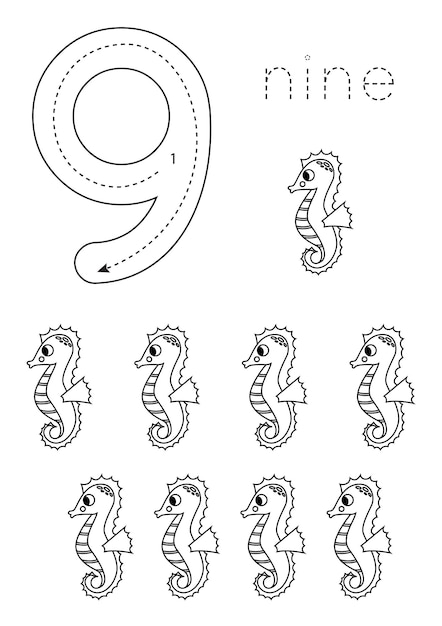 Flashcard number 9 Preschool worksheet Black and white seahorses