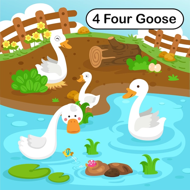 Карточка номер четыре с 4 гусями, обучающимися вектору детской иллюстрации