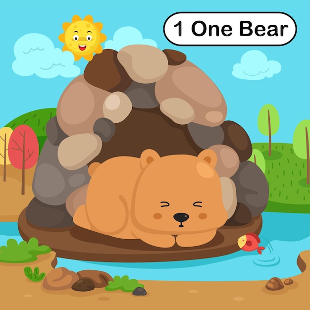 Flashcard number one with 1 bear learning for kid illustration vector