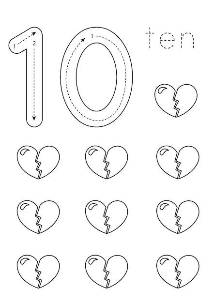 Flashcard nummer 10 Preschool werkblad Valentijn werkblad