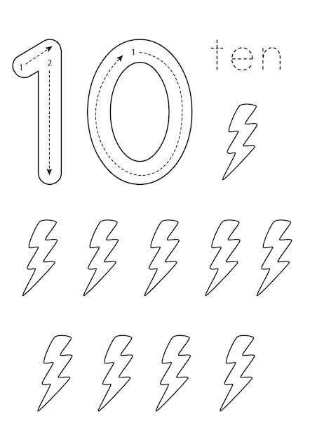 Flashcard nummer 10 Preschool werkblad Zwart-wit schattige bliksemschichten