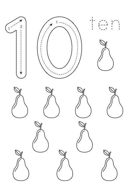 Flashcard nummer 10 Preschool werkblad Zwarte en witte peren