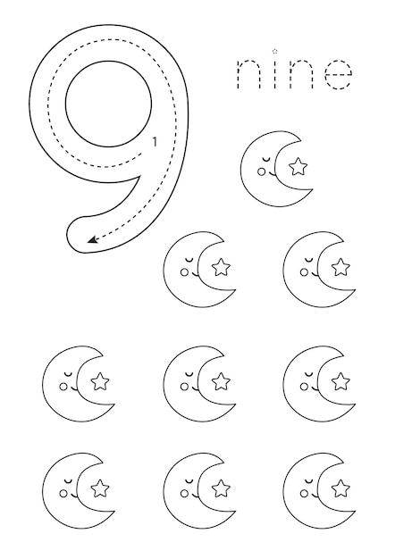 Flashcard nummer 9 preschool werkblad zwart-wit schattige halve maan