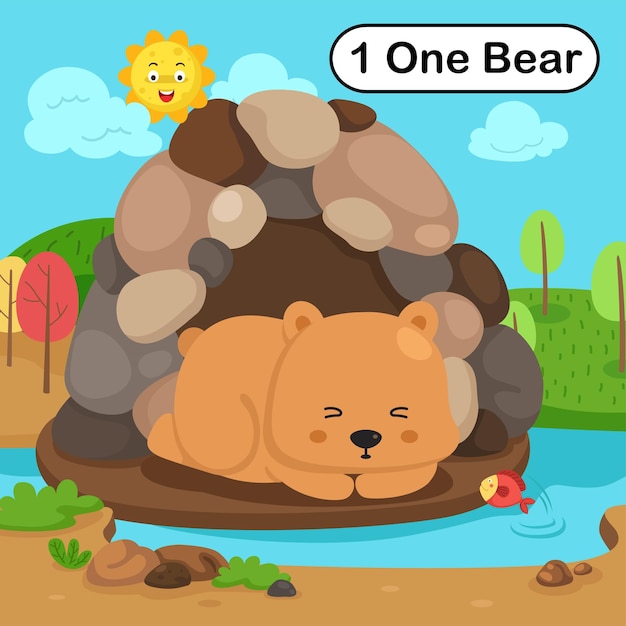 Flashcard nummer één met 1 beer die leert voor de vector van de kinderillustratie