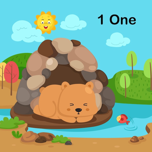 Flashcard nummer één met 1 beer die leert voor de vector van de kinderillustratie
