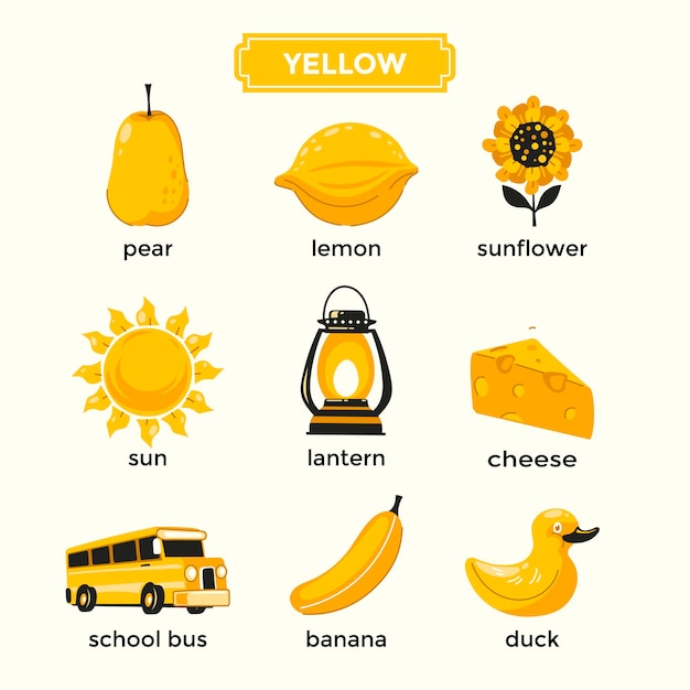 Flashcards for learning yellow colors and vocabulary set