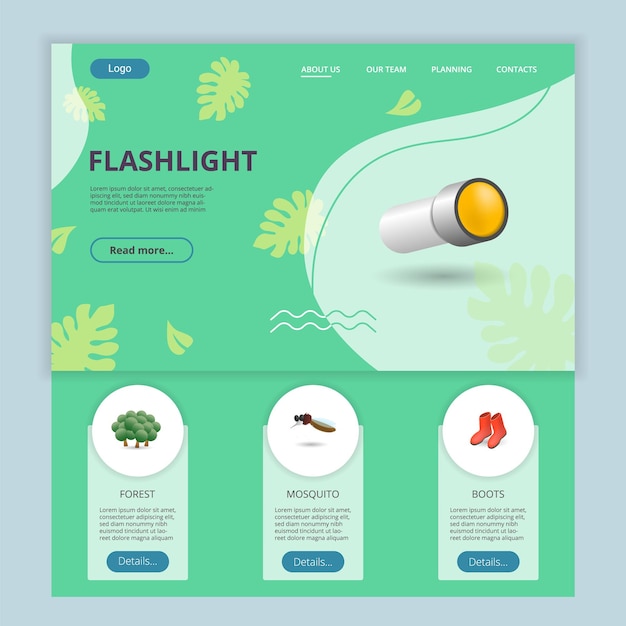 Vector flashlight flat landing page website template forest