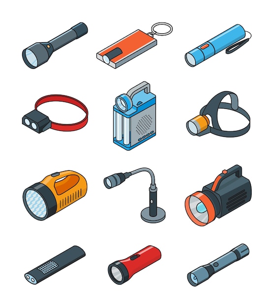 Flashlight vector illustration on white background Isometric set icon spotlight Vector color set icon flashlight