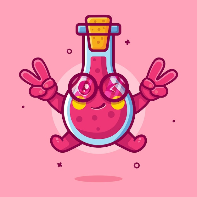 flask glass character mascot with peace sign hand gesture isolated cartoon in flat style design