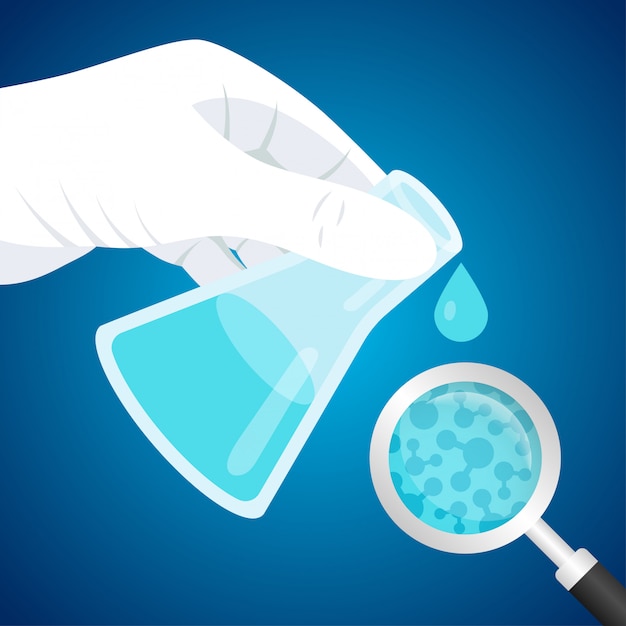 Flask with blue fluid in hand in plastic glove, drop of water and magnifier. water analysis, science laboratory research and development concept. flat illustration