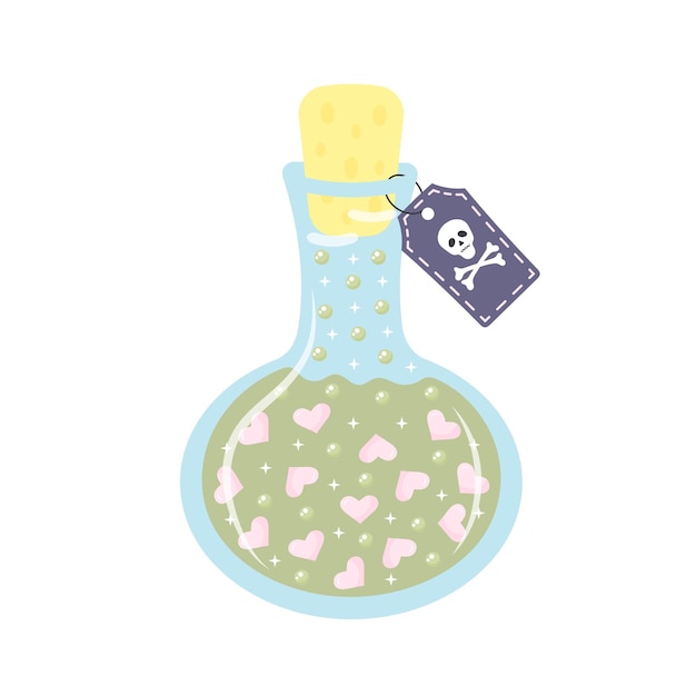 Flask with poison bottle of love potion with hearts and skull label