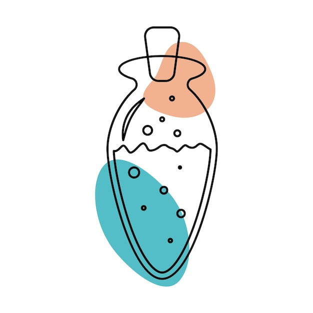 Flask with potion in the style of line art with colored spots