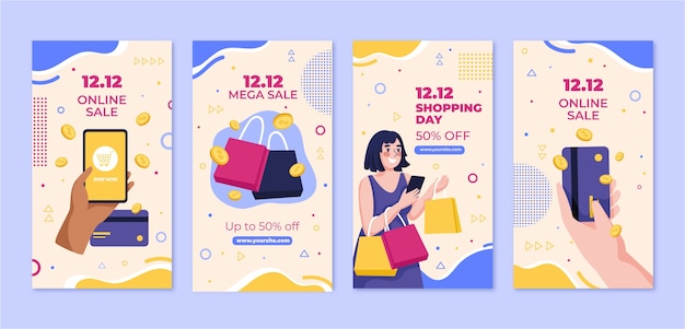 Vettore collezione di storie di instagram del giorno dello shopping piatto 12.12