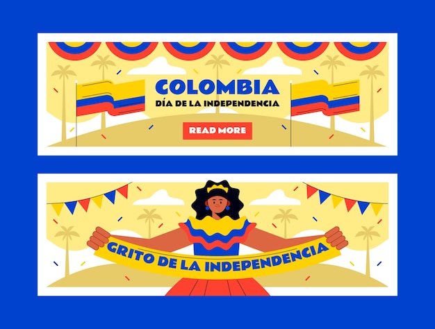 Flat 20 de julio horizontal banners set with woman holding banner