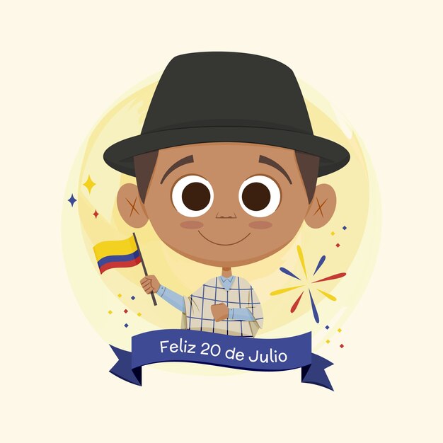 Плоская иллюстрация 20 июля с ребенком, держащим колумбийский флаг