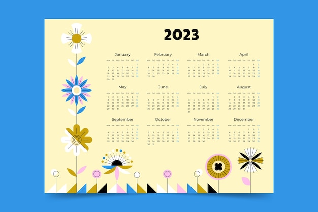 Вектор Плоский шаблон годового календаря 2023 года