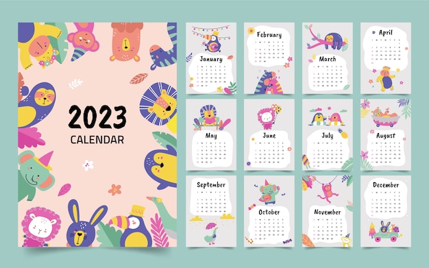 Vettore modello di calendario da parete piatto 2023