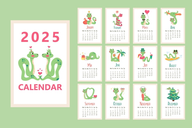 Vector flat 2025 calendar template snake character year of the snake