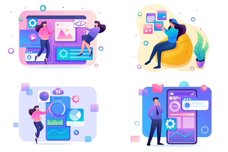 Vector flat 2d concepts web design social networks data analysis mobile collection concept for web design