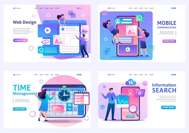 평면 2D 개념 웹 디자인 시간 관리 모바일 통신 정보 검색 랜딩 페이지