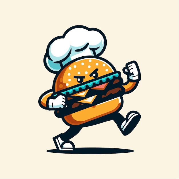 Vector flat 2d illustration of fast food frenzy chef burger on the move