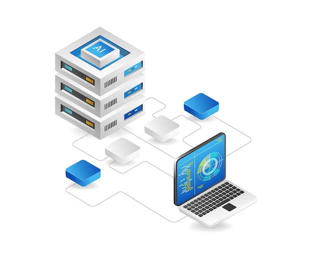 Flat 3d concept isometric illustration radar network artificial intelligence analyst data server