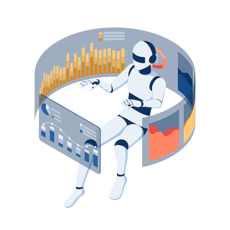 Vector flat 3d isometric ai robot floating and analyse virtual business graph chart. data analysis and artificial intelligence concept.