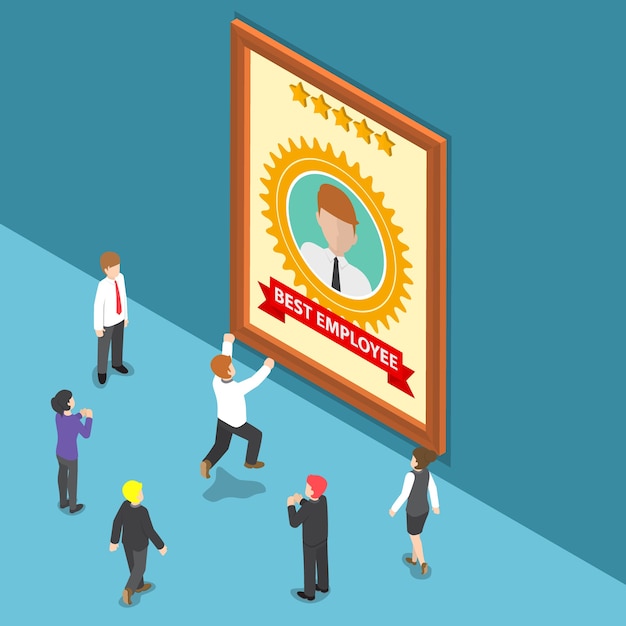 Flat 3d isometric business people celebrate best employee award. employee of the month concept