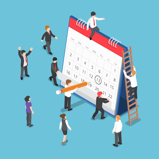 Flat 3d isometric business people planning and scheduling operation by drawing circle mark on desk calendar. business operations planning and scheduling concept.