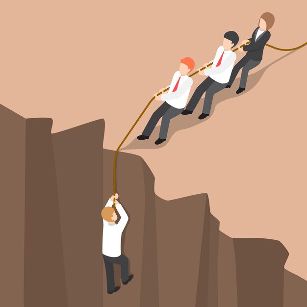 Vector flat 3d isometric business team help partner climb up from the cliff. teamwork concept.